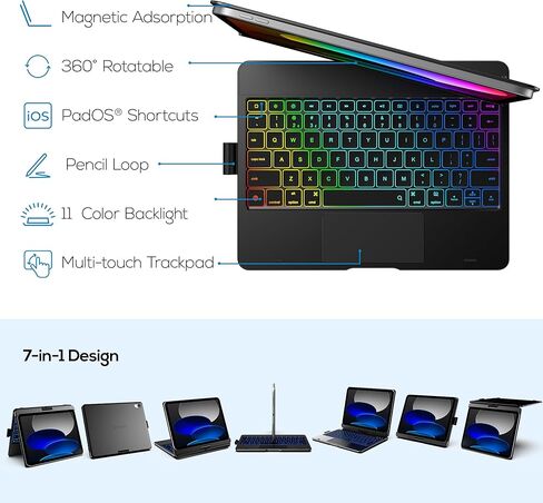 حافظة لجهاز iPad الجيل العاشر مع لوحة مفاتيح (10.9 بوصة، 2022)، 11 لونًا خلفيًا، قابل للدوران 360 درجة، رفيع وخفيف لجهاز iPad الجيل العاشر 10.9، أسود داكن in Kuwait