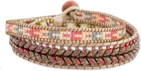 Novica حرفي الزجاج المصنوع يدويًا سوار التفاف | زجاج صغير | سلك النايلون | غلاف ملون | زر بيوتر | التراث الثقافي | حبات زجاجية | Guatemala 'Country Land' 22 "L x 0.5" W in Saudi Arabia