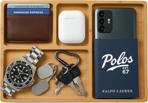 صينية الخشب الخشب الخشبي للرجال - منظم صينية وودد وودن للرجال لرسالة مضمار منضدة ، مدخل ، تمسك جميع التخزين المكتبي لساعة المجوهرات الرئيسية للمحفظة ، هدية عيد الأب ، بني in Kuwait