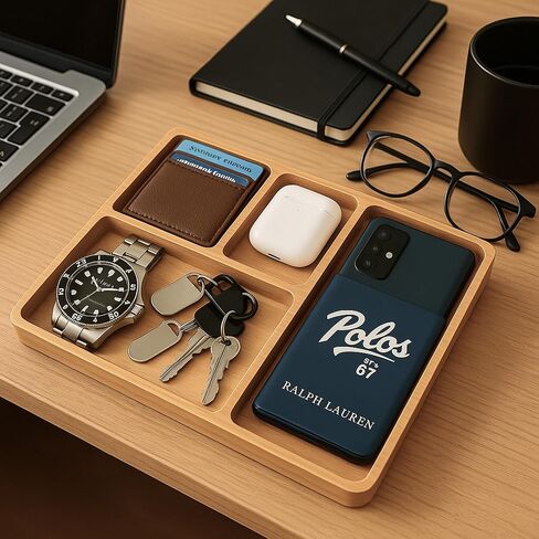 صينية الخشب الخشب الخشبي للرجال - منظم صينية وودد وودن للرجال لرسالة مضمار منضدة ، مدخل ، تمسك جميع التخزين المكتبي لساعة المجوهرات الرئيسية للمحفظة ، هدية عيد الأب ، بني in Kuwait