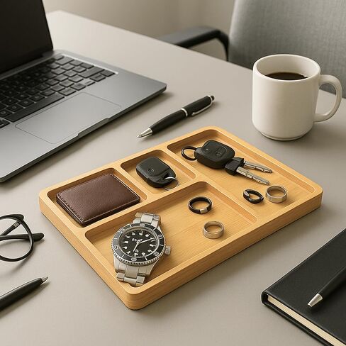صينية الخشب الخشب الخشبي للرجال - منظم صينية وودد وودن للرجال لرسالة مضمار منضدة ، مدخل ، تمسك جميع التخزين المكتبي لساعة المجوهرات الرئيسية للمحفظة ، هدية عيد الأب ، بني in Kuwait