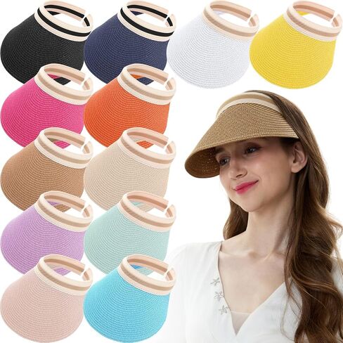 Tigeen 12 Pcs Colorful Sun Visor Hat for Women Golf Bulk Summer Straw Wide Brim Beach Hats UPF 50+ Adjustable for Outdoor in Saudi Arabia