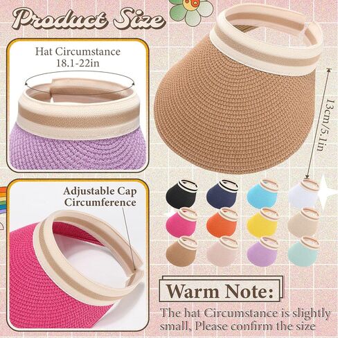 Tigeen 12 Pcs Colorful Sun Visor Hat for Women Golf Bulk Summer Straw Wide Brim Beach Hats UPF 50+ Adjustable for Outdoor in Saudi Arabia