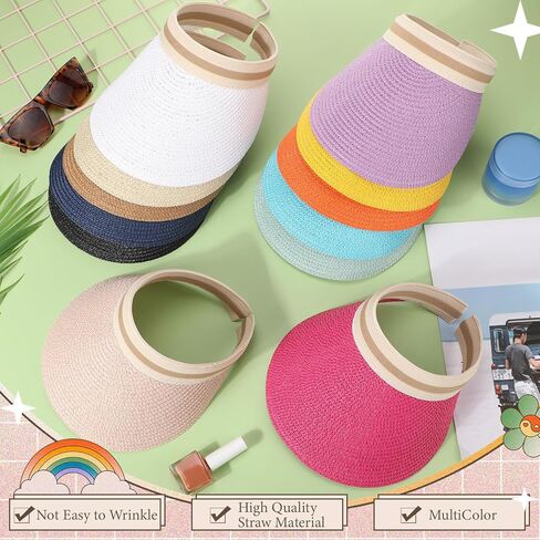 Tigeen 12 Pcs Colorful Sun Visor Hat for Women Golf Bulk Summer Straw Wide Brim Beach Hats UPF 50+ Adjustable for Outdoor in Saudi Arabia