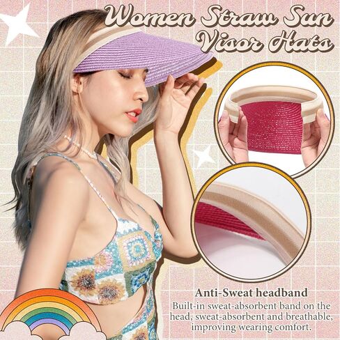 Tigeen 12 Pcs Colorful Sun Visor Hat for Women Golf Bulk Summer Straw Wide Brim Beach Hats UPF 50+ Adjustable for Outdoor in Saudi Arabia
