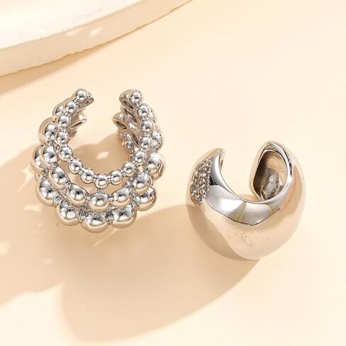 Chunky Beaded Silver Wrap Ear Cuff Non Pierced Earrings, Statement Thick Geometric Cluster Round Ball Huggie Earring Vintage Party Prom Jewelry for Women in Saudi Arabia