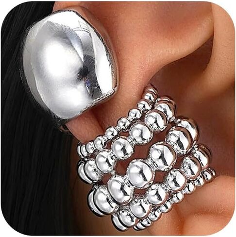 Chunky Beaded Silver Wrap Ear Cuff Non Pierced Earrings, Statement Thick Geometric Cluster Round Ball Huggie Earring Vintage Party Prom Jewelry for Women in Saudi Arabia