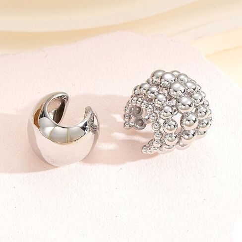 Chunky Beaded Silver Wrap Ear Cuff Non Pierced Earrings, Statement Thick Geometric Cluster Round Ball Huggie Earring Vintage Party Prom Jewelry for Women in Saudi Arabia