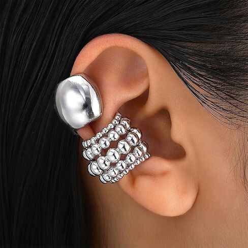 Chunky Beaded Silver Wrap Ear Cuff Non Pierced Earrings, Statement Thick Geometric Cluster Round Ball Huggie Earring Vintage Party Prom Jewelry for Women in Saudi Arabia