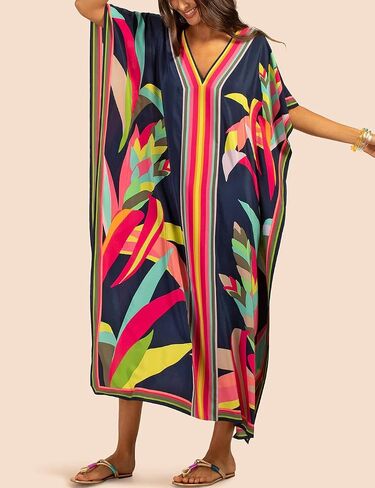 Eddoyee Print Kaftan Dresses for Women Plus Size Swimsuit Cover up Short Sleeve Caftan Loungewear in Saudi Arabia