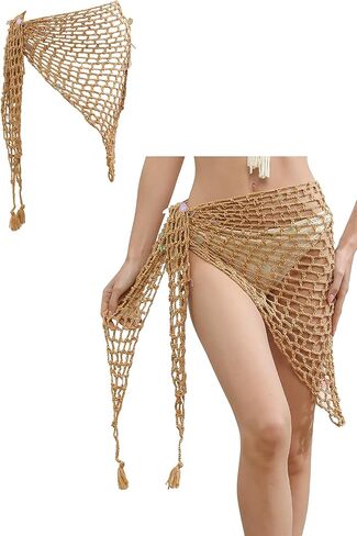Women's Crochet Beach Cover Up Hollow Out Triangle Shawl Wrap Fishnet Skirt with Shells/Sequins in Kuwait