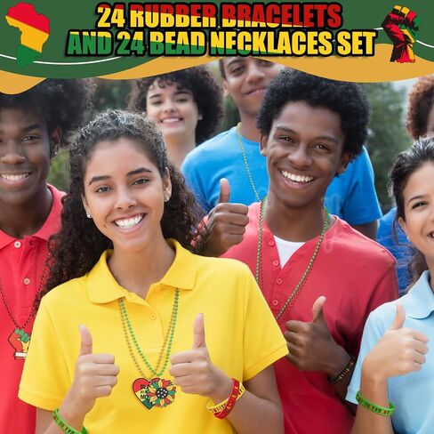 48 Pcs Juneteenth Rubber Bracelets Beaded Necklaces Set, Includes 24 June 19th 1865 Rubber Bracelets Black African Silicone Wristbands 24 Necklaces Bead for Juneteenth Party Favors Supplies in Kuwait