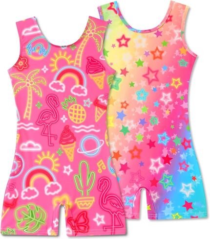 2 Packs Gymnastics Leotards for Girls Toddler Dance Biketards Tumbling Outfit Rainbow Biketard with Shorts in Kuwait