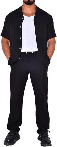 crazynekos Mens Linen Sets 2 Piece Summer Outfits Tracksuits Set Casual Short Sleeve Button Shirt and Pants Set in Saudi Arabia