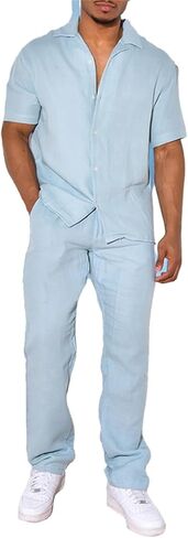 crazynekos Mens Linen Sets 2 Piece Summer Outfits Tracksuits Set Casual Short Sleeve Button Shirt and Pants Set in Saudi Arabia