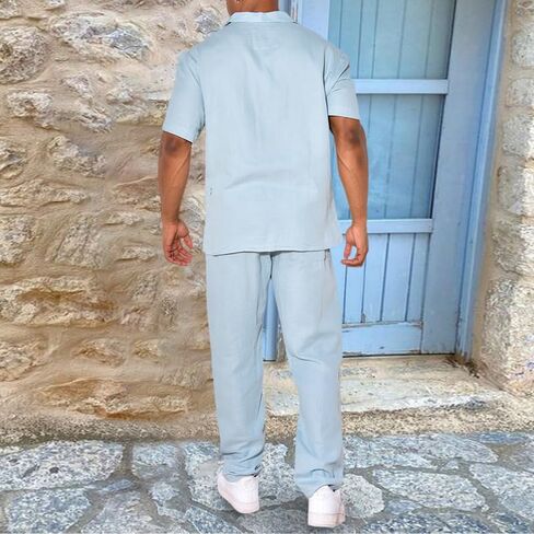 crazynekos Mens Linen Sets 2 Piece Summer Outfits Tracksuits Set Casual Short Sleeve Button Shirt and Pants Set in Saudi Arabia