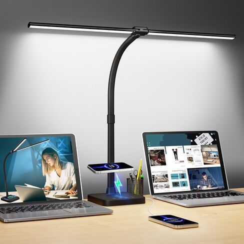 مصباح مكتب ShineTech LED للمكتب المنزلي، ضوء مكتب مزدوج الرأس 24 وات مع شحن لاسلكي، منفذ USB، 25 وضع إضاءة قابل للتعديل in Kuwait