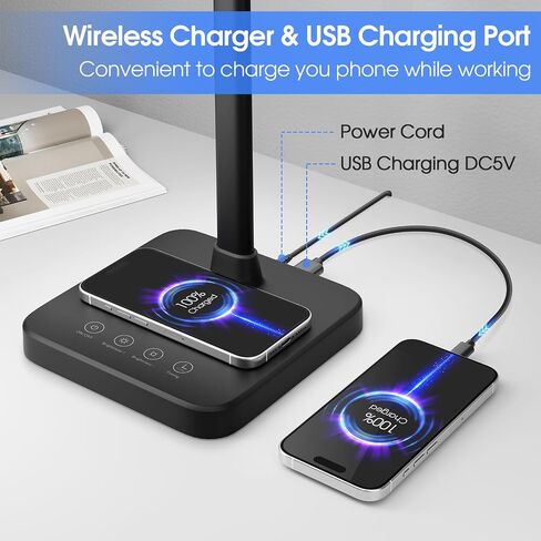 مصباح مكتب ShineTech LED للمكتب المنزلي، ضوء مكتب مزدوج الرأس 24 وات مع شحن لاسلكي، منفذ USB، 25 وضع إضاءة قابل للتعديل in Kuwait