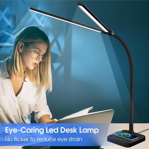 مصباح مكتب ShineTech LED للمكتب المنزلي، ضوء مكتب مزدوج الرأس 24 وات مع شحن لاسلكي، منفذ USB، 25 وضع إضاءة قابل للتعديل in Kuwait