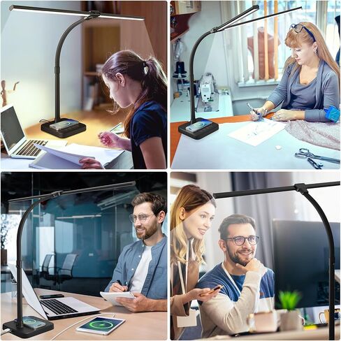 مصباح مكتب ShineTech LED للمكتب المنزلي، ضوء مكتب مزدوج الرأس 24 وات مع شحن لاسلكي، منفذ USB، 25 وضع إضاءة قابل للتعديل in Kuwait