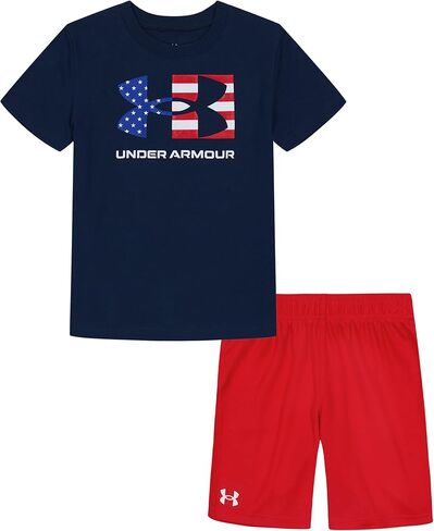 طقم ملابس خارجية للأولاد من Under Armour، سروال متماسك وقميص علوي ومجموعة قصيرة، علم الحرية الأحمر، 5 US in Kuwait