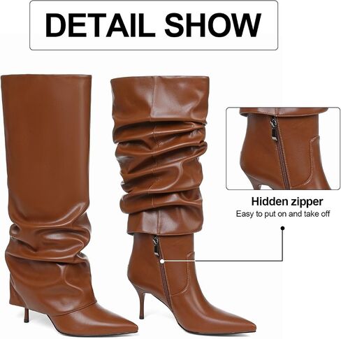 Womens Knee High Boots Fold Over Point Shark Slouchy Boot | Side Hidder Zipper, 3 inch Stiletto Heels, PU Leather & Suede — 8 Colors, Jeans to Dresses, Day to Night, Fall & Winter in Saudi Arabia