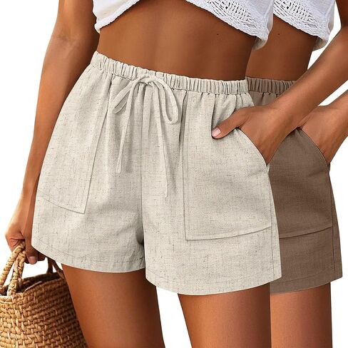 RIYIPER 2 Pack Women Linen Classring Leacting Weist Beach Shorts Summer Wide Wide Shorts مع جيوب 2025 in Kuwait