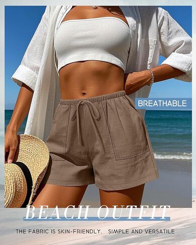 RIYIPER 2 Pack Women Linen Classring Leacting Weist Beach Shorts Summer Wide Wide Shorts مع جيوب 2025 in Kuwait