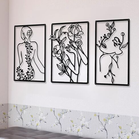 CHENGU 3 Pieces Metal Minimalist Abstract Woman Wall Art Line Drawing Wall Art Decor Single Line Female Home Hanging Wall Art Decor for Kitchen Bathroom Living Room (Black,Lovely Style) in Saudi Arabia