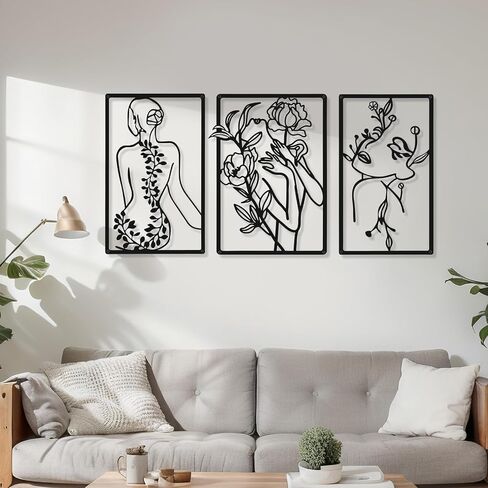 CHENGU 3 Pieces Metal Minimalist Abstract Woman Wall Art Line Drawing Wall Art Decor Single Line Female Home Hanging Wall Art Decor for Kitchen Bathroom Living Room (Black,Lovely Style) in Saudi Arabia