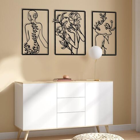 CHENGU 3 Pieces Metal Minimalist Abstract Woman Wall Art Line Drawing Wall Art Decor Single Line Female Home Hanging Wall Art Decor for Kitchen Bathroom Living Room (Black,Lovely Style) in Saudi Arabia
