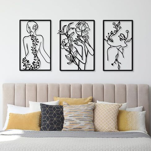 CHENGU 3 Pieces Metal Minimalist Abstract Woman Wall Art Line Drawing Wall Art Decor Single Line Female Home Hanging Wall Art Decor for Kitchen Bathroom Living Room (Black,Lovely Style) in Saudi Arabia