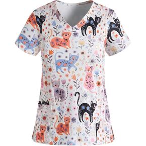 Holiday Scrub Tops for Women Short Sleeve Vneck Stretchy Nurse Workwear Uniforms Cute Printed 2 Pockets Scrub Shirt in Saudi Arabia