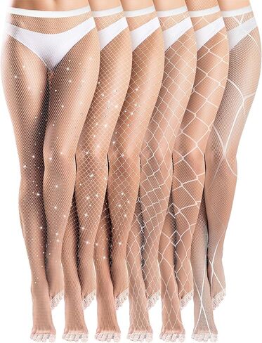 Ramede 6 Pairs Rhinestone Fishnet Stockings for Women Thigh High Waist Sparkly Tights Mesh Glitter Pantyhose for Halloween in Saudi Arabia