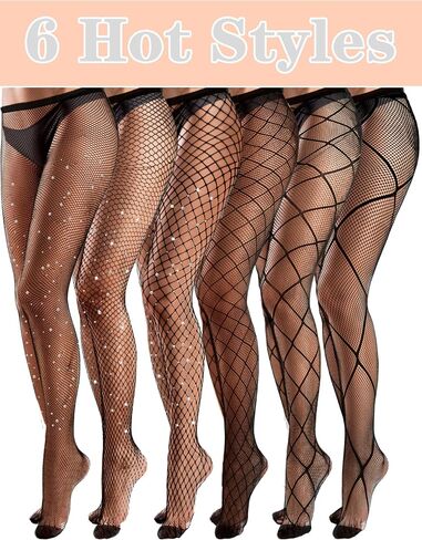 Ramede 6 Pairs Rhinestone Fishnet Stockings for Women Thigh High Waist Sparkly Tights Mesh Glitter Pantyhose for Halloween in Saudi Arabia
