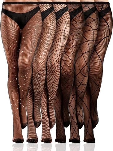 Ramede 6 Pairs Rhinestone Fishnet Stockings for Women Thigh High Waist Sparkly Tights Mesh Glitter Pantyhose for Halloween in Saudi Arabia