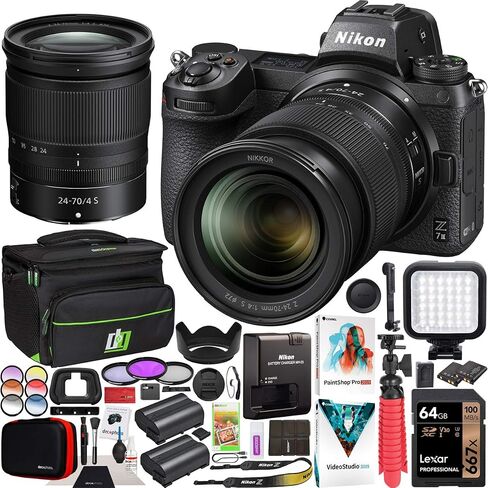 هيكل كاميرا Nikon Z7II بدون مرآة بإطار كامل بصيغة FX وفيديو بدقة 4K UHD 1653 مع حقيبة سفر Deco Gear + بطارية إضافية + مصباح LED للتصوير الفوتوغرافي + مجموعة برامج تحرير الصور والفيديو وملحقاتها in Saudi Arabia