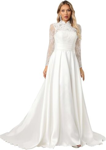 Elegant Long Lace Sleeve High Neck Wedding Dresses – Embroidered A-Line Bridal Gown with Chiffon & Satin Skirt (White) in Saudi Arabia