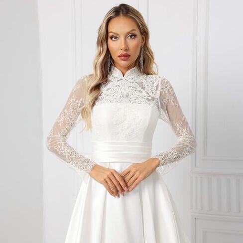 Elegant Long Lace Sleeve High Neck Wedding Dresses – Embroidered A-Line Bridal Gown with Chiffon & Satin Skirt (White) in Saudi Arabia