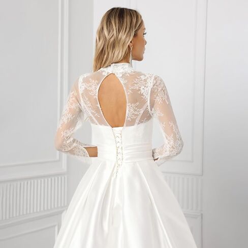 Elegant Long Lace Sleeve High Neck Wedding Dresses – Embroidered A-Line Bridal Gown with Chiffon & Satin Skirt (White) in Saudi Arabia