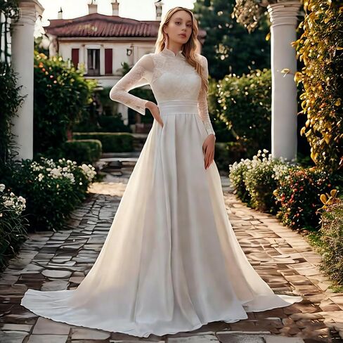 Elegant Long Lace Sleeve High Neck Wedding Dresses – Embroidered A-Line Bridal Gown with Chiffon & Satin Skirt (White) in Saudi Arabia