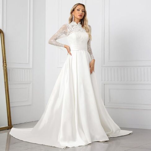 Elegant Long Lace Sleeve High Neck Wedding Dresses – Embroidered A-Line Bridal Gown with Chiffon & Satin Skirt (White) in Saudi Arabia