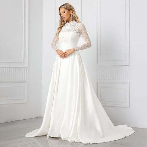 Elegant Long Lace Sleeve High Neck Wedding Dresses – Embroidered A-Line Bridal Gown with Chiffon & Satin Skirt (White) in Saudi Arabia