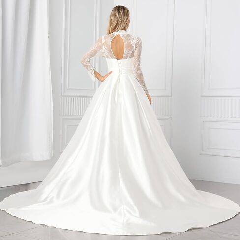 Elegant Long Lace Sleeve High Neck Wedding Dresses – Embroidered A-Line Bridal Gown with Chiffon & Satin Skirt (White) in Saudi Arabia