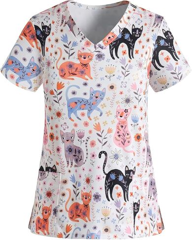 Holiday Scrub Tops for Women Short Sleeve Vneck Stretchy Nurse Workwear Uniforms Cute Printed 2 Pockets Scrub Shirt in Saudi Arabia