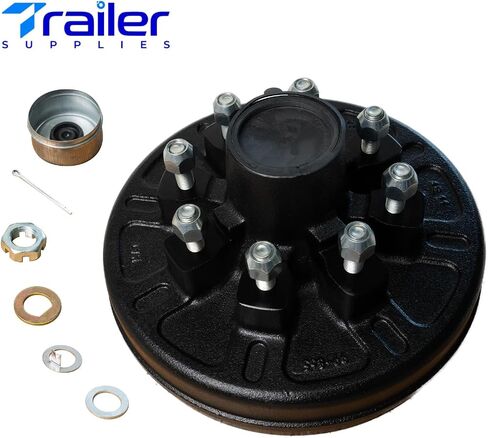 7,000 lb Brake & Drum Kit – 12"x2" Self-Adjusting Electric Brakes (1 Pair) + 8 on 6.5" Drums with 9/16" Studs, Pre-Greased Bearings, Dust Caps & Full Hardware, Black Coated in Saudi Arabia