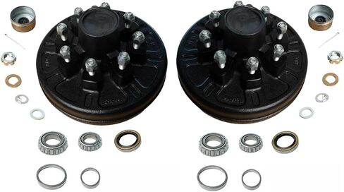 7,000 lb Brake & Drum Kit – 12"x2" Self-Adjusting Electric Brakes (1 Pair) + 8 on 6.5" Drums with 9/16" Studs, Pre-Greased Bearings, Dust Caps & Full Hardware, Black Coated in Saudi Arabia