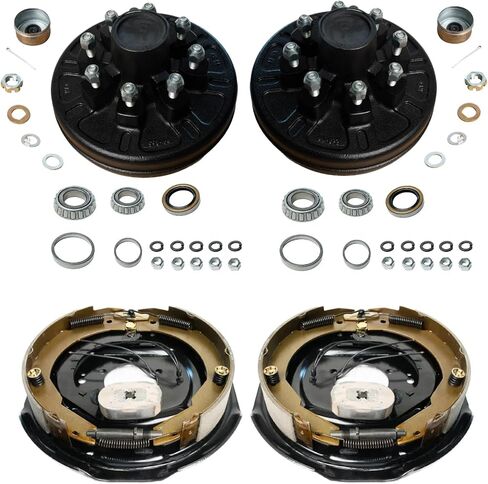 7,000 lb Brake & Drum Kit – 12"x2" Self-Adjusting Electric Brakes (1 Pair) + 8 on 6.5" Drums with 9/16" Studs, Pre-Greased Bearings, Dust Caps & Full Hardware, Black Coated in Saudi Arabia