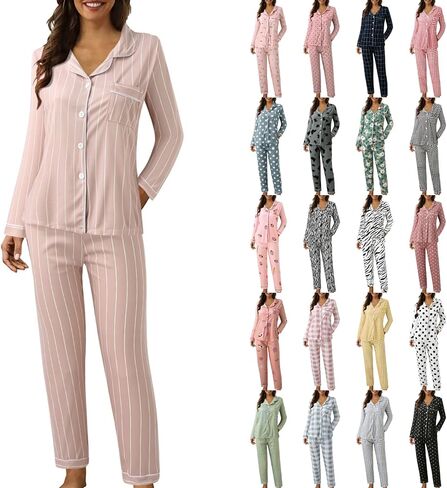 Long Pajamas for Women Set Silk V Neck Sleepwear Button up Cute Matching Lounge Sets Soft 2 Piece Pj Set with Pockets in Saudi Arabia