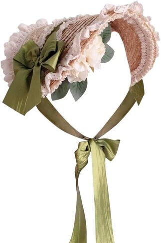 Girls Women Victorian Lolita Flat Bonnet Cap Tea Party Sun Hat Lace Bows Flower Ribbons Straw Hats in Saudi Arabia